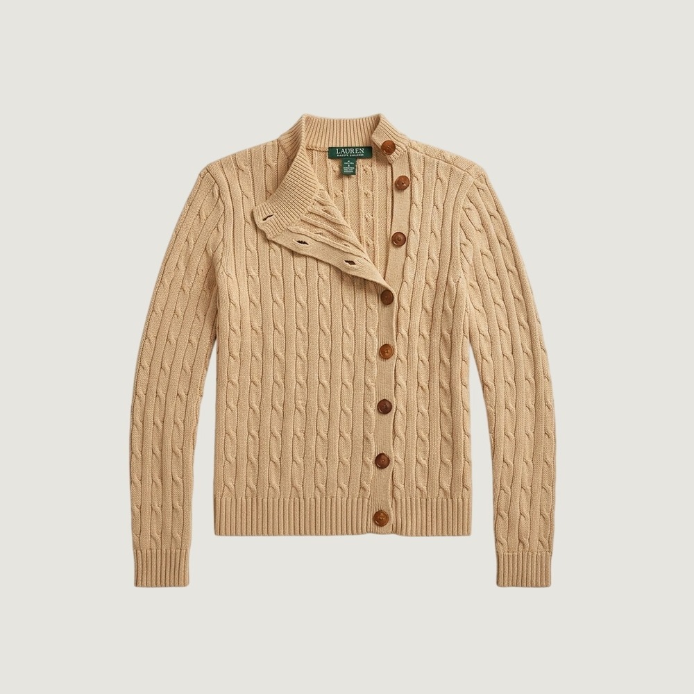 Lauren Ralph Lauren Petite S Tan Cable Knit Asymmetric Button Cardigan Sweater